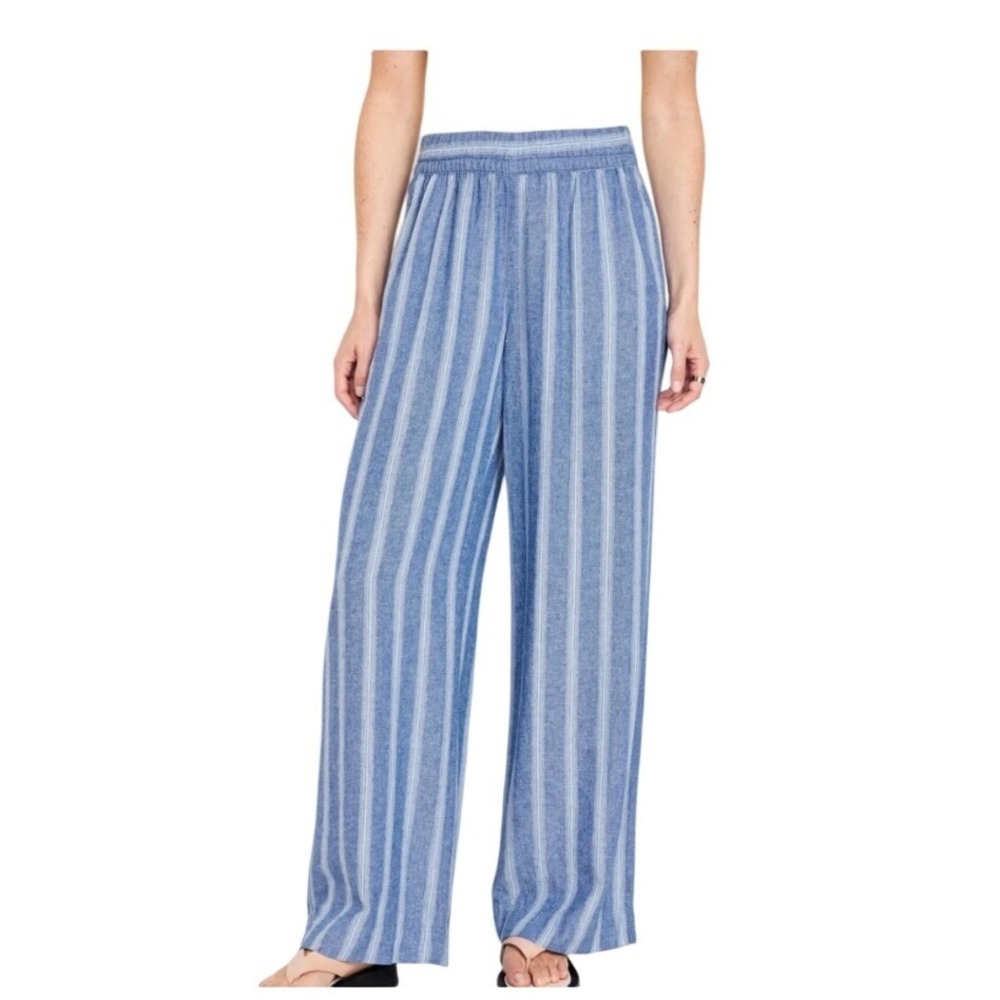Old Navy Womens Striped Linen Wide Leg Pants Size M NWT Chambray Coastal Pull On